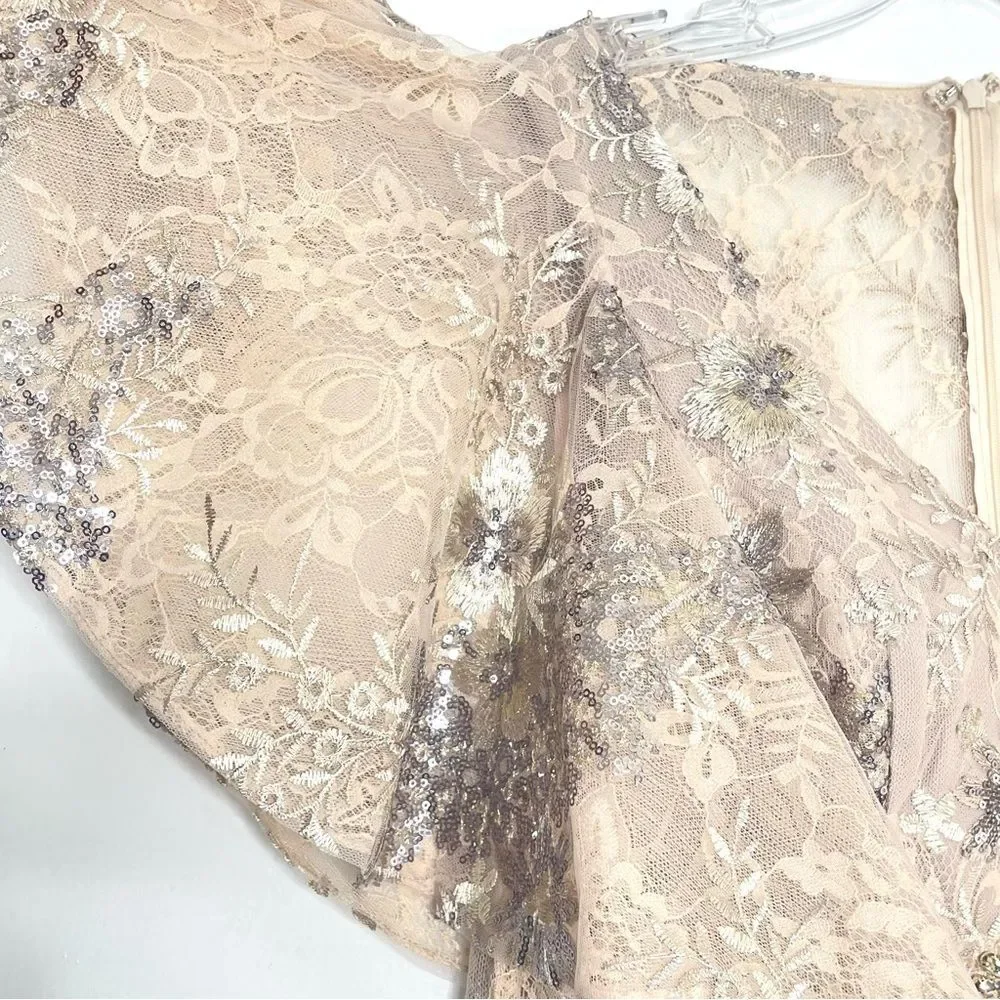 Mac Duggal 67842 Bell Sleeve Floral Embellished Formal Event Gown, Taupe Size 4